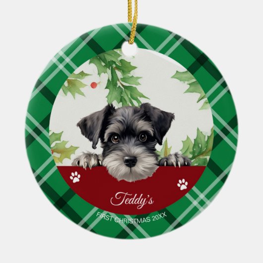 Gepersonaliseerde Schnauzer Eerste Kerstmis Keramisch Ornament (Voorkant)