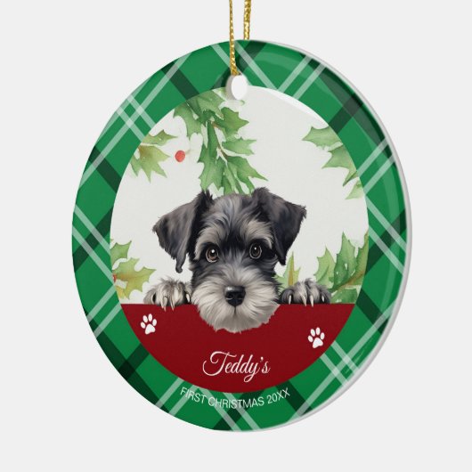 Gepersonaliseerde Schnauzer Eerste Kerstmis Keramisch Ornament (Links)
