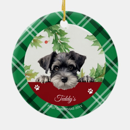 Gepersonaliseerde Schnauzer Eerste Kerstmis Keramisch Ornament (Achterkant)