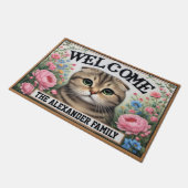 Gepersonaliseerde Schotse Fold Cat Floral Welkom Deurmat (Schuin)