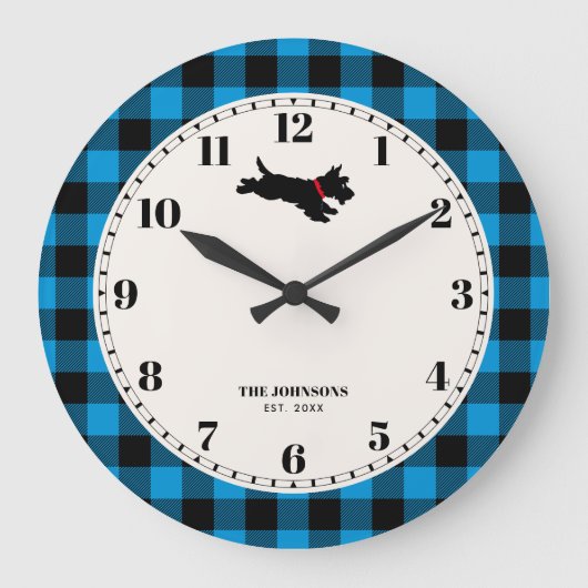 Gepersonaliseerde Scottie Dog Buffalo Check Blauw Grote Klok (Voorkant)