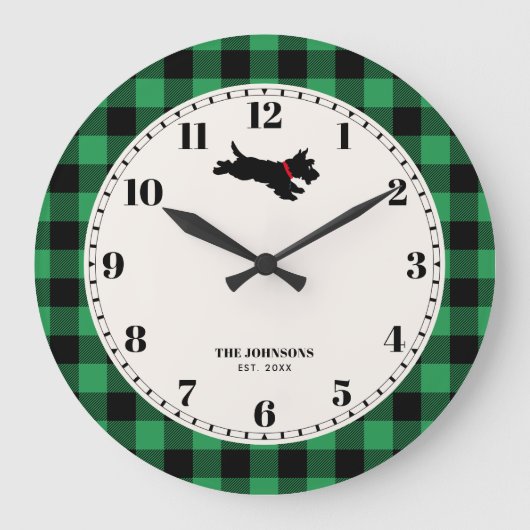 Gepersonaliseerde Scottie Dog Buffalo Check Groen Grote Klok (Voorkant)