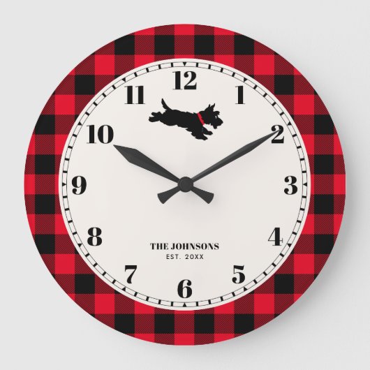 Gepersonaliseerde Scottie Dog Buffalo Check Rood Grote Klok (Voorkant)