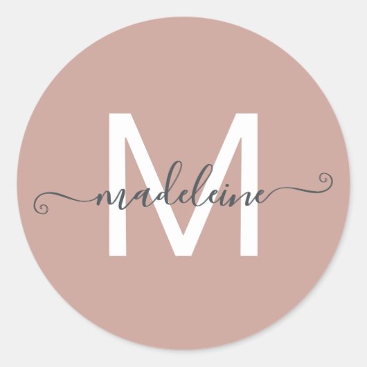 Gepersonaliseerde scriptnaam Monogram Dusty Roos Ronde Sticker (Voorkant)