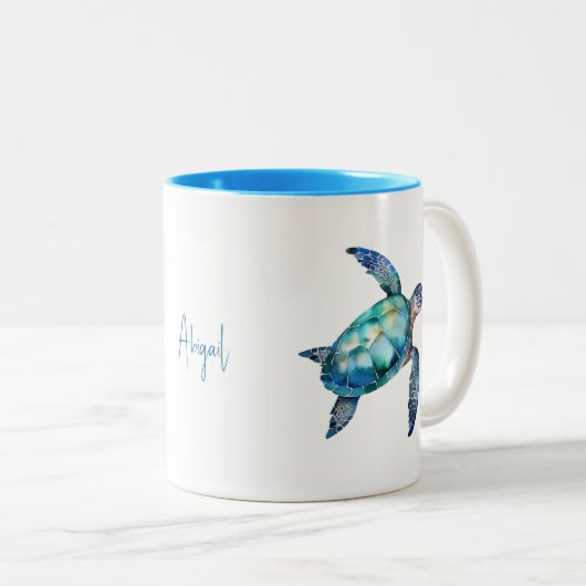 Gepersonaliseerde scriptnaam Turquoise Zee Turtle Tweekleurige Koffiemok (Voorkant rechts)