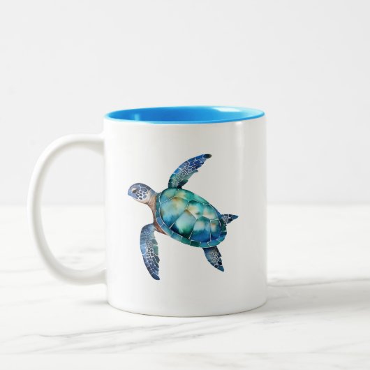 Gepersonaliseerde scriptnaam Turquoise Zee Turtle Tweekleurige Koffiemok (Links)