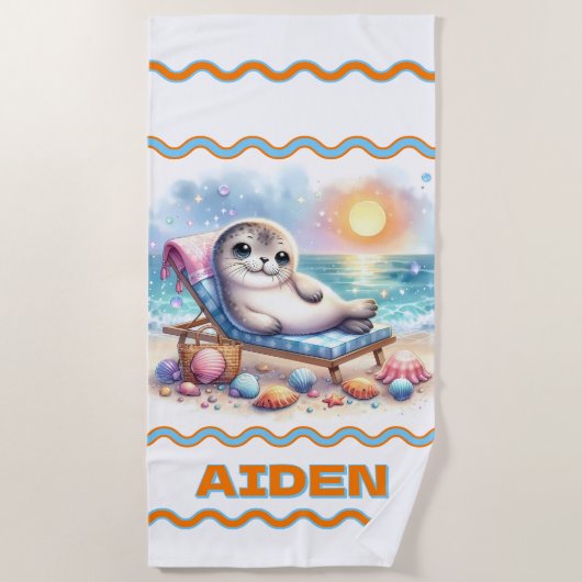 Gepersonaliseerde Seaside Serenity: Een Seal's Vak Strandlaken (Voorkant)