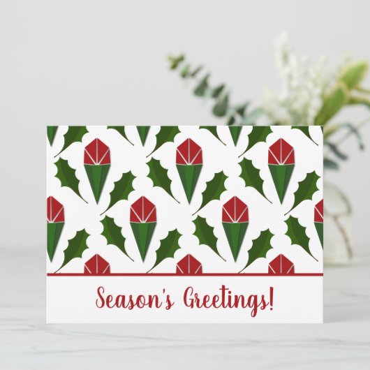 Gepersonaliseerde seizoensgroeten Red Roses, Holly Feestdagenkaart (Staand voorkant)