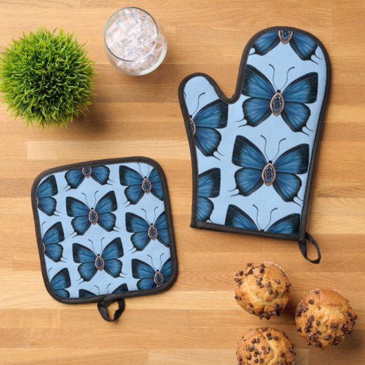 Gepersonaliseerde September Geboorte Blauwe Vlinde Ovenwant & Pannenlap Set (Top down)