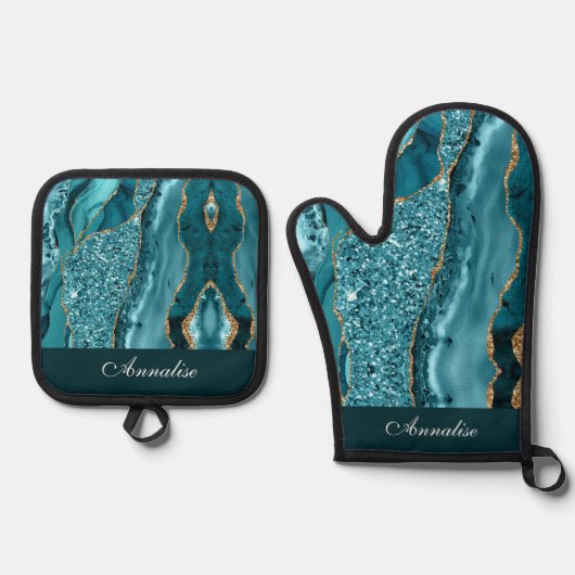 Gepersonaliseerde Sequin Blauwgroen Blauwe Agaat Ovenwant & Pannenlap Set (Voorkant)