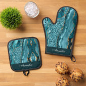 Gepersonaliseerde Sequin Blauwgroen Blauwe Agaat Ovenwant & Pannenlap Set (Top down)