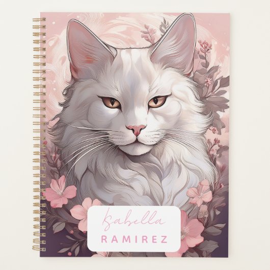Gepersonaliseerde Serene Witte Kat Planner met Naa (Voorkant)