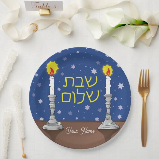 Gepersonaliseerde Shabbat Shalom kaarsen met sterr Papieren Bordje (Huwelijk)
