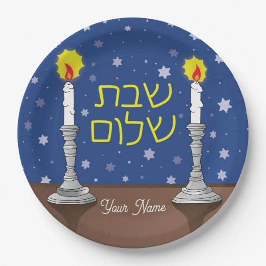 Gepersonaliseerde Shabbat Shalom kaarsen met sterr Papieren Bordje (Voorkant)