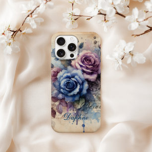 Gepersonaliseerde Shabby Chic Blauw & Roze Rozen iPhone 16 Pro Max Hoesje