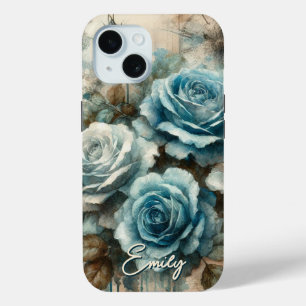 Gepersonaliseerde  Shabby Chic Pastel Blue Roos iPhone 15 Case