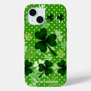 Gepersonaliseerde Shamrock en Polka Dot iPhone 15 Case