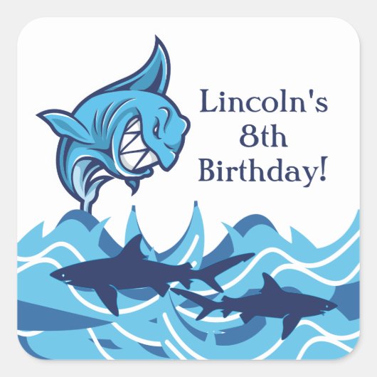 Gepersonaliseerde Shark Birthday Party Stickers (Voorkant)