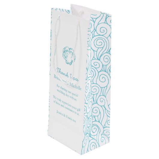 Gepersonaliseerde shell blue bruiloft gunt wijntas wijn cadeautas (Achterkant Gekanteld)