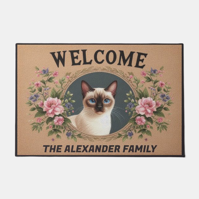 Gepersonaliseerde Siamese kat, Floral kitten welko Deurmat (Voorkant)