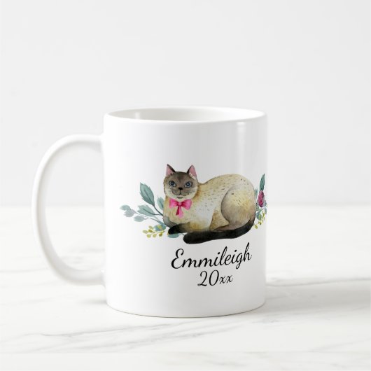 Gepersonaliseerde Siamese kat Paars Floral White Koffiemok (Links)