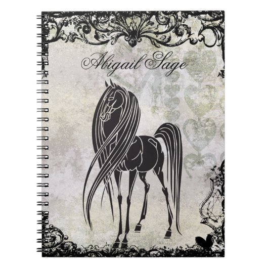 Gepersonaliseerde Silhouette Horse en Grungy Heart Notitieboek (Voorkant)
