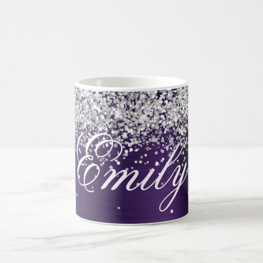 Gepersonaliseerde Silver Glitter Dark Violet Folie Koffiemok (Center)