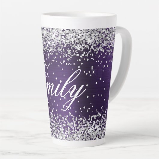 Gepersonaliseerde Silver Glitter Dark Violet Folie Latte Mok (Rechterhoek)