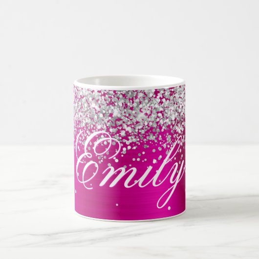 Gepersonaliseerde Silver Glitter Hot Pink Folie Koffiemok (Center)