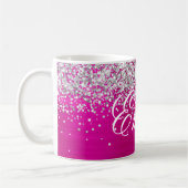 Gepersonaliseerde Silver Glitter Hot Pink Folie Koffiemok (Links)