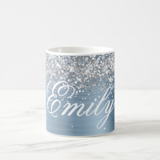 Gepersonaliseerde Silver Glitter Lichtblauwe Folie Koffiemok (Center)