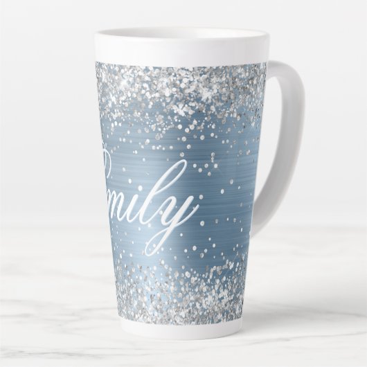 Gepersonaliseerde Silver Glitter Lichtblauwe Folie Latte Mok (Rechterhoek)