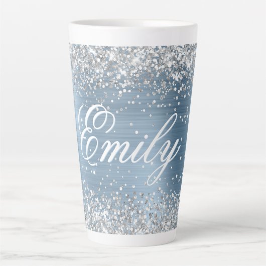 Gepersonaliseerde Silver Glitter Lichtblauwe Folie Latte Mok (Voorkant)