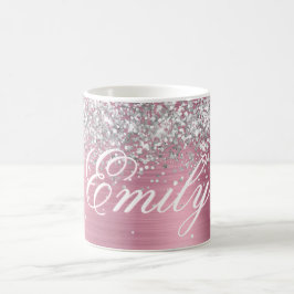 Gepersonaliseerde Silver Glitter Lichtroze Folie Koffiemok