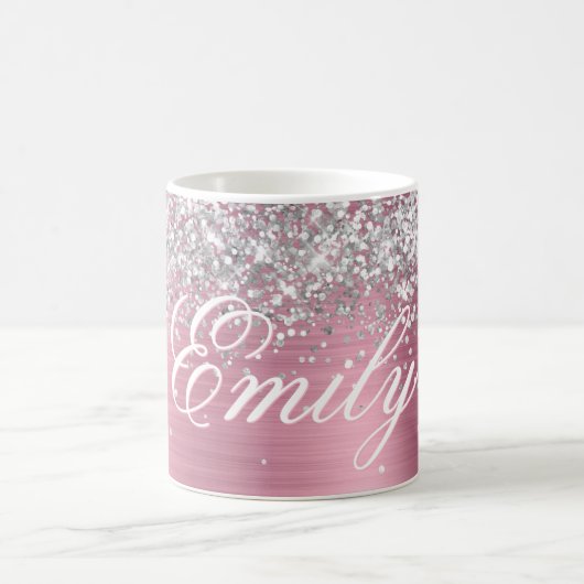 Gepersonaliseerde Silver Glitter Lichtroze Folie Koffiemok (Center)