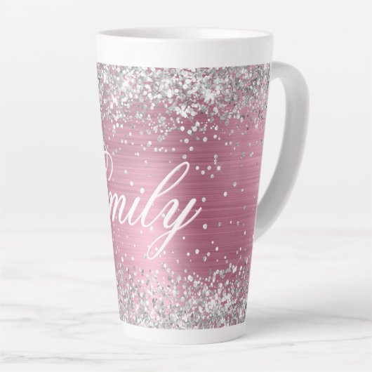 Gepersonaliseerde Silver Glitter Lichtroze Folie Latte Mok (Rechterhoek)