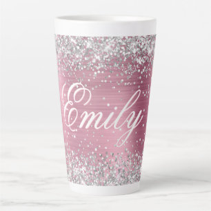 Gepersonaliseerde Silver Glitter Lichtroze Folie Latte Mok