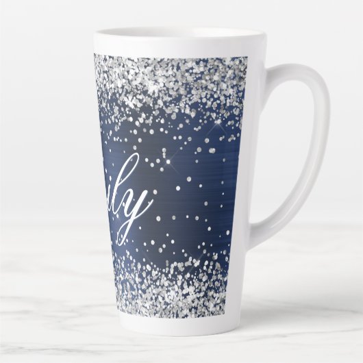 Gepersonaliseerde Silver Glitter Navy Blue Folie Latte Mok (Rechts)