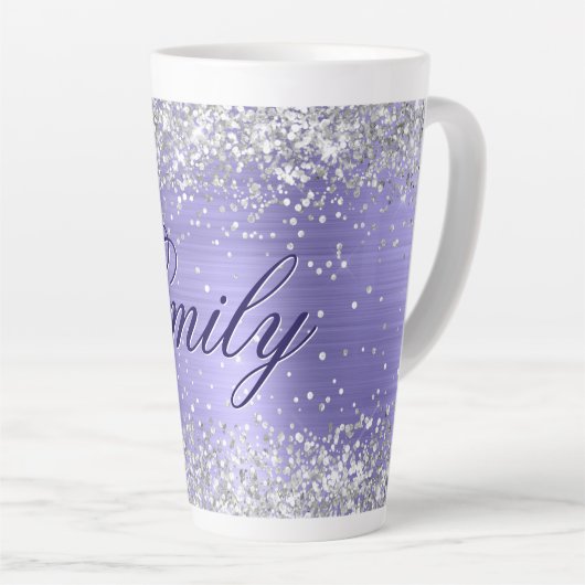 Gepersonaliseerde Silver Glitter Periwinkle Folie Latte Mok (Rechterhoek)