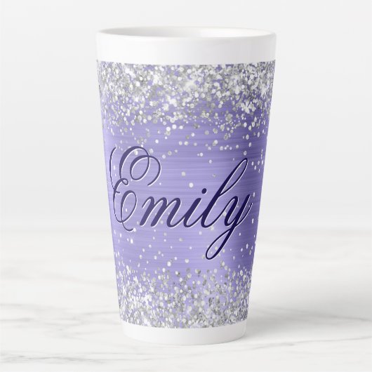 Gepersonaliseerde Silver Glitter Periwinkle Folie Latte Mok (Voorkant)