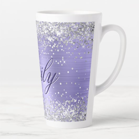 Gepersonaliseerde Silver Glitter Periwinkle Folie Latte Mok (Rechts)