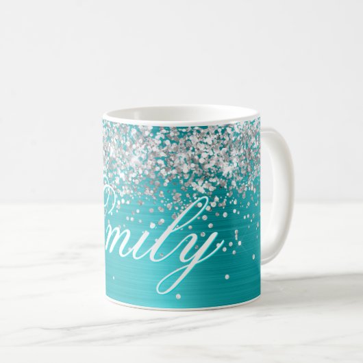 Gepersonaliseerde Silver Glitter Turquoise Blue Fo Koffiemok (Voorkant rechts)
