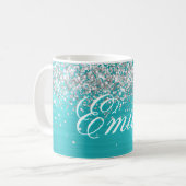 Gepersonaliseerde Silver Glitter Turquoise Blue Fo Koffiemok (Voorkant links)