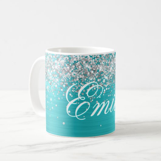 Gepersonaliseerde Silver Glitter Turquoise Blue Fo Koffiemok (Voorkant links)