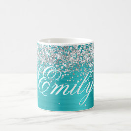 Gepersonaliseerde Silver Glitter Turquoise Blue Fo Koffiemok