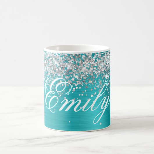 Gepersonaliseerde Silver Glitter Turquoise Blue Fo Koffiemok (Center)