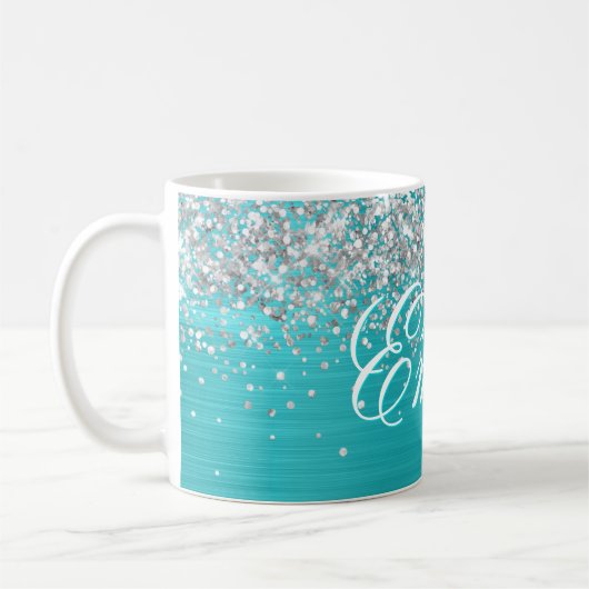 Gepersonaliseerde Silver Glitter Turquoise Blue Fo Koffiemok (Links)