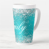 Gepersonaliseerde Silver Glitter Turquoise Blue Fo Latte Mok (Rechterhoek)