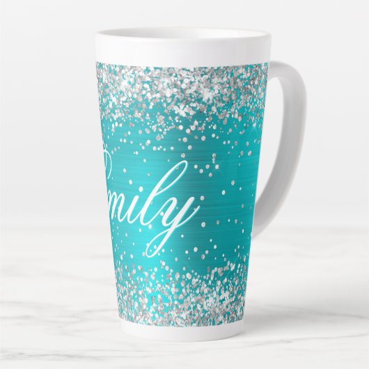 Gepersonaliseerde Silver Glitter Turquoise Blue Fo Latte Mok (Rechterhoek)