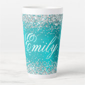 Gepersonaliseerde Silver Glitter Turquoise Blue Fo Latte Mok (Voorkant)
